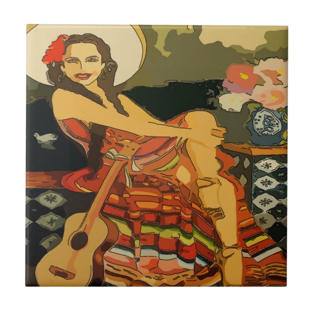 Flamenco Guitar Woman Tile Mural Kakelplatta (Framsidan)