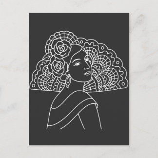 Flamenco Spanish Lady With Fan Ink art Drawing Vykort
