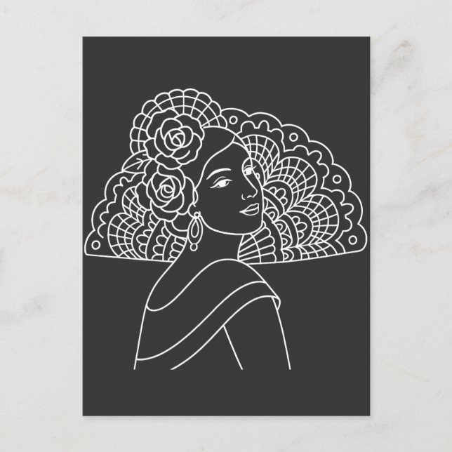 Flamenco Spanish Lady With Fan Ink art Drawing Vykort (Framsida)