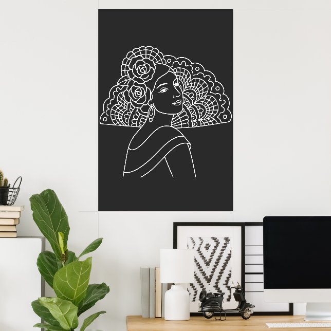 Flamenco spansk dam med fläkt bläck konst ritning poster (Hemmakontoret)