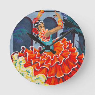 Flamencodansare i färgvägg tar tid på rund klocka
