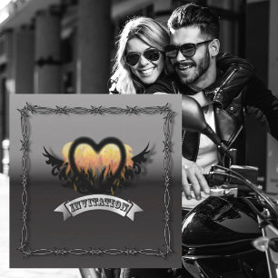 Flames Heart RockNRoll Biker Bröllopsinbjudan Inbjudningar