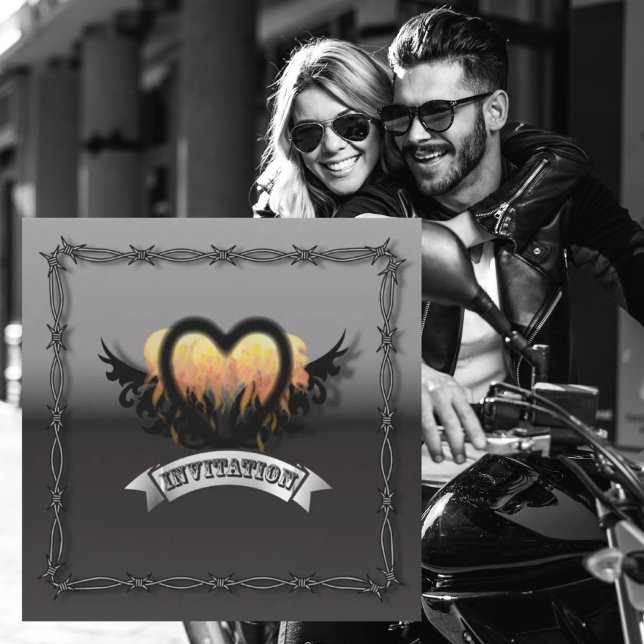 Flames Heart RockNRoll Biker Bröllopsinbjudan Inbjudningar (Flames Heart RockNRoll Biker Wedding Invitation)