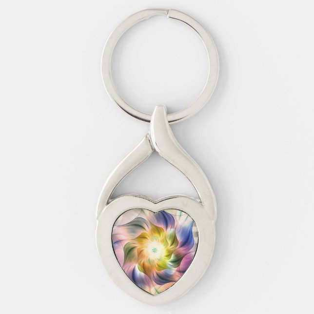 Flamfärgad flamma Fractal Flower Twisted Heart Silverfärgad Nyckelring (Framsidan)