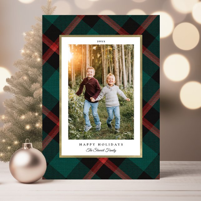 Flamfärgad och Grönt-fotofoto-Helgdag Kort (Folded Red and Green Plaid Happy Holidays Photo Card)