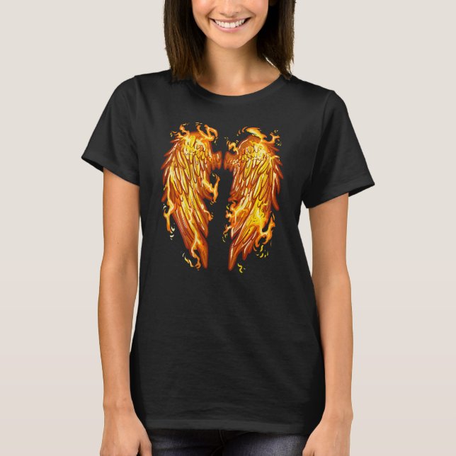 Flaming Angel Wings On Back Fire Feathers T Shirt (Framsida)