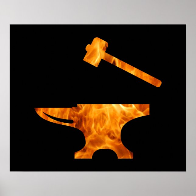 Flaming Anvil & Hammer Blacksmith Metalworking Poster (Framsidan)