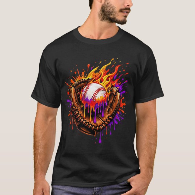  Flaming Baseball Glove Drip T Shirt (Framsida)