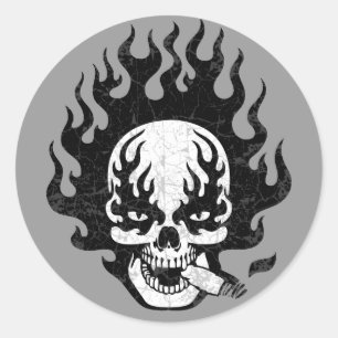 Flaming Cigar Skull-bw Runt Klistermärke