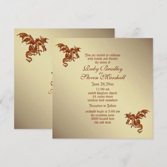 Flaming Dragon Golden 2 Bröllop Temainbjudan Inbjudningar (Fram/baksida)
