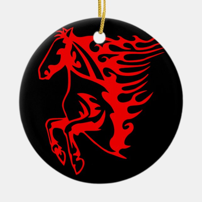 Flaming Fire Red Bronco Mustang Vild Horse Julgransprydnad Keramik (Framsidan)