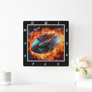 Flaming Football Sportlag Fyrkantig Klocka
