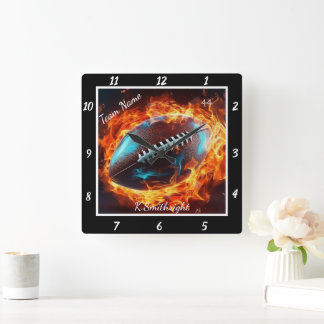 Flaming Football Sportlag Fyrkantig Klocka