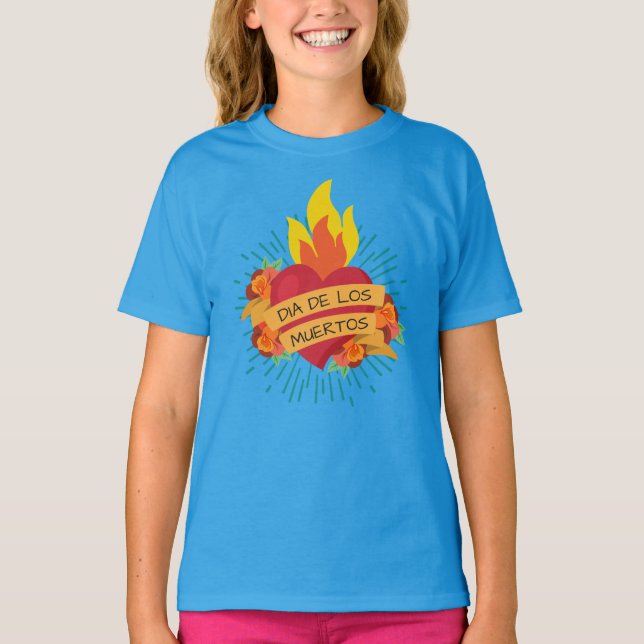 Flaming Heart Dia de los Muertos | Sleeve Shirt T Shirt (Framsida)