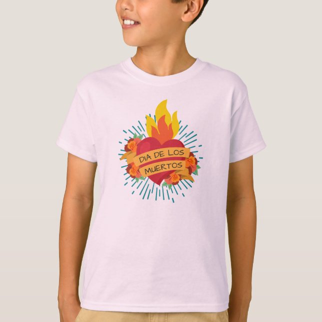 Flaming Heart Dia de los Muertos | Sleeve Shirt T Shirt (Framsida)