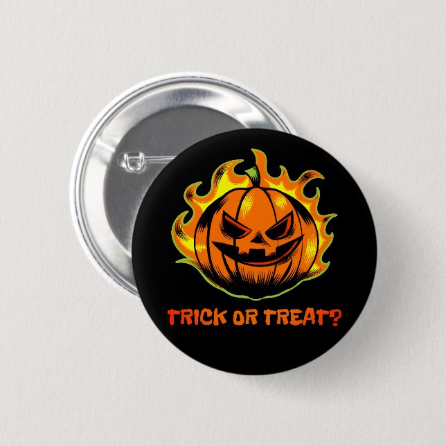 Flaming Jack-O’-Lantern Bus eller Godis? –Hallowee Knapp (Framsida & baksida)