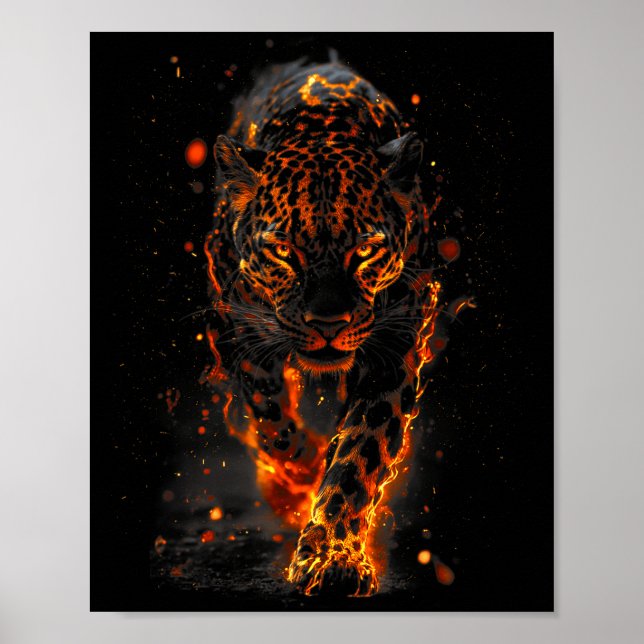 Flaming Jaguar Fierce Leopard Wild Fire Animal Sri Poster (Framsidan)