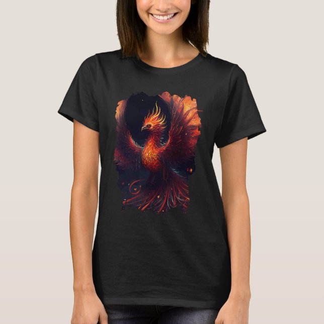 Flaming phoenix with ornaments and fiery glow t shirt (Framsida)