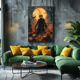 Flaming Pumpkin-Headed Fågelskrämma Halloween-Jack Poster