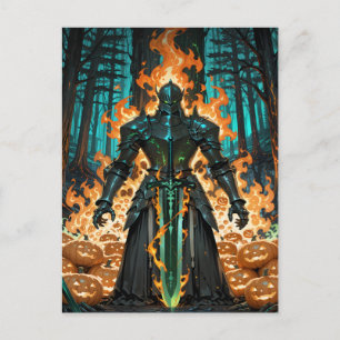 Flaming Pumpkin Knight Mörk Forest Halloween Helg Vykort