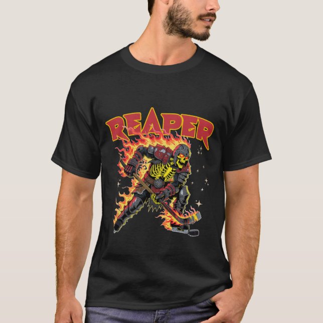 Flaming Reaper Skeleton Hockey Player Dark Sports  T Shirt (Framsida)