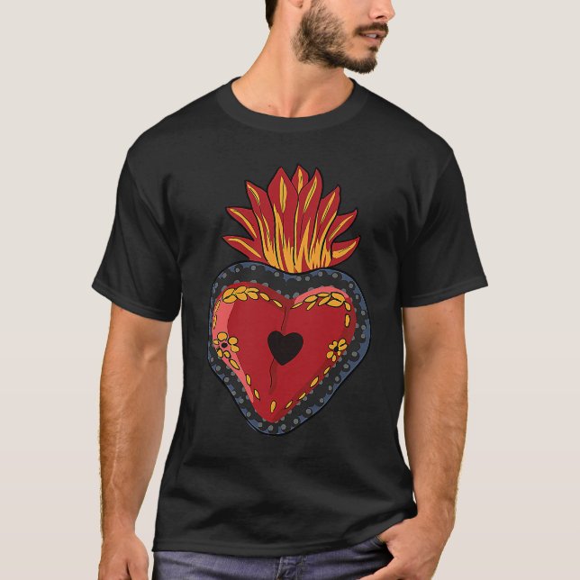 Flaming Sacred Heart Mexican Folk Corazon T Shirt (Framsida)
