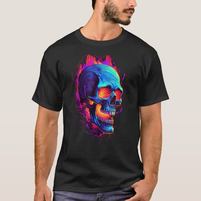 Flaming Skull Cool Red Orange & Blue Skeleton Skul T Shirt (Framsida)