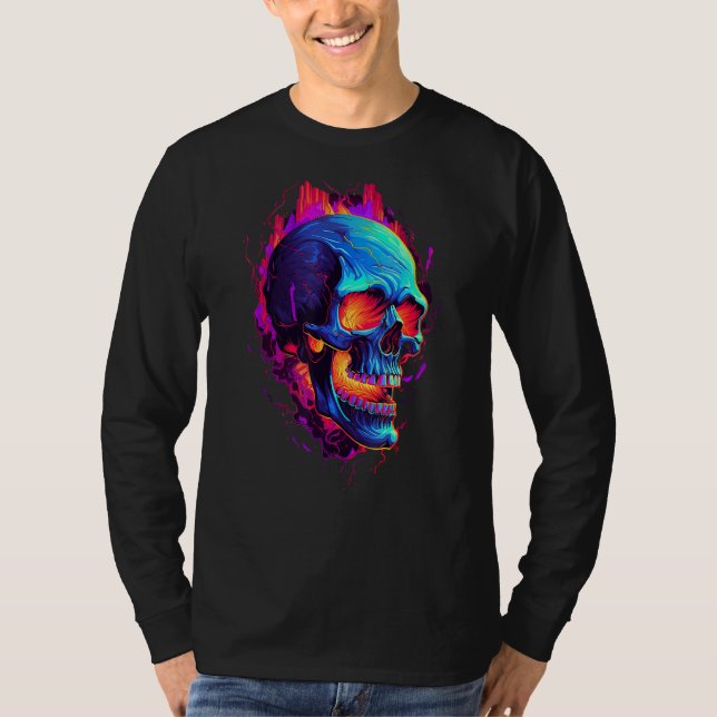 Flaming Skull Cool Red Orange & Blue Skeleton Skul T Shirt (Framsida)