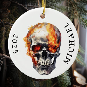 Flaming Skull Monogram Namn Julgransprydnad Keramik