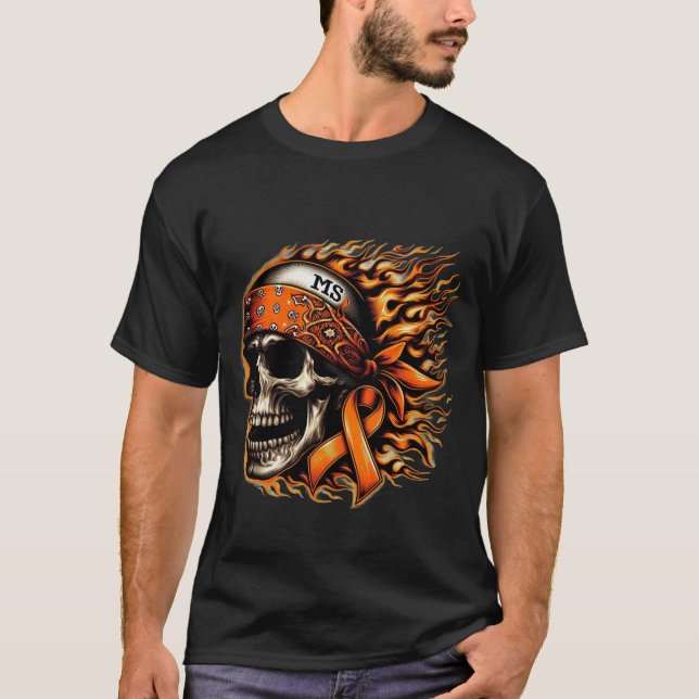 Flaming Skull MS-medvetande T-Shirt - Orange Ribbo (Framsida)