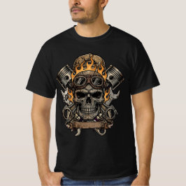 Flaming Skull Pistons - Mekaniker Garagetröja T Shirt
