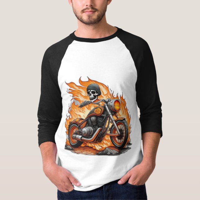 Flaming Skullcykel Sten & Roll Emblem T-Shirt (Framsida)