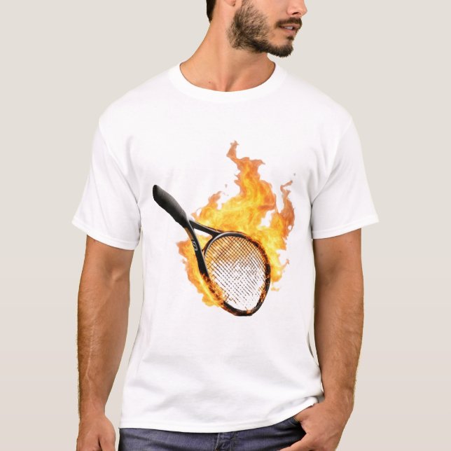 Flaming Tennis Racket Pocket Design T Shirt (Framsida)