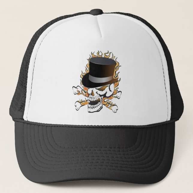 Flaming Top hat Skull Truckerkeps (Framsida)