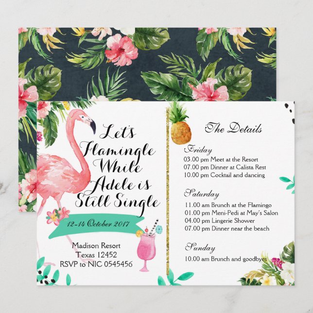 Flamingle Bachelorette Helg Itinerary Inbjudan (Fram/baksida)