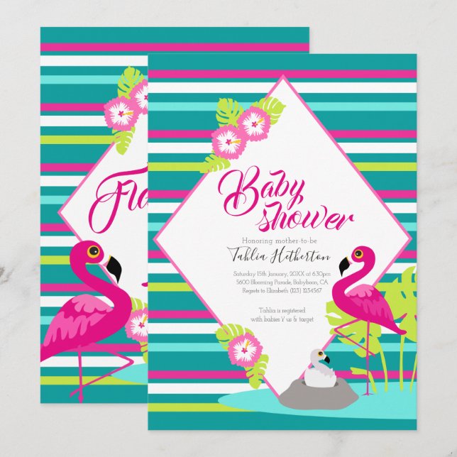 Flamingle flamingo babyduschinbjudningar inbjudningar (Fram/baksida)