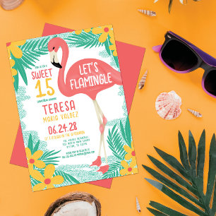Flamingle Flamingo Tropical Blommigt Quinceañera Inbjudningar