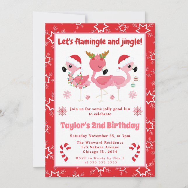 Flamingle och Jingle Flamingo jul födelsedag Inbjudningar (Framsida)