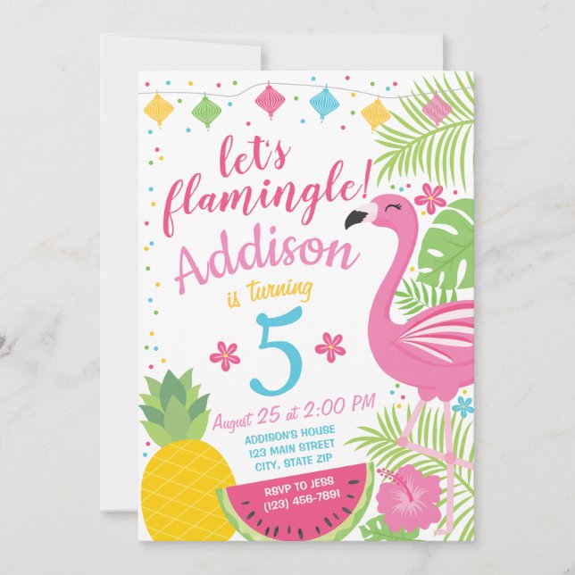 Flamingle Party Birthday bjudande Flamingo Bassäng Inbjudningar (Framsida)
