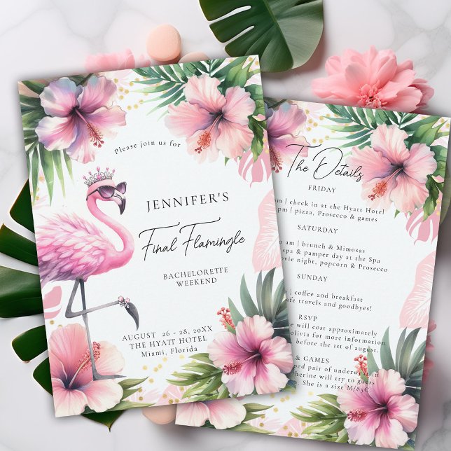 Flamingle Roligt Rosa Tropical Bachelorette Itiner Inbjudningar (final flamingle bachelorette party invitation itinerary pink flamingo tropical floral watercolor )