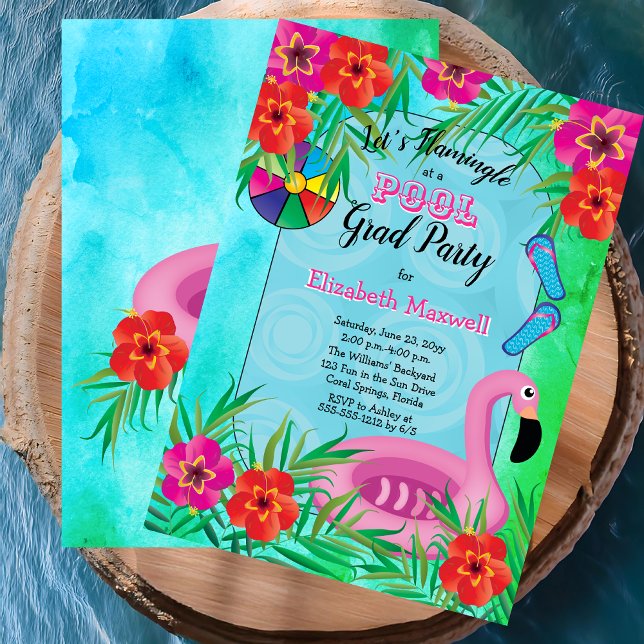 Flamingle Rosa Blommigt Studenten Bassäng Party Inbjudningar (Flamingle Pink Floral Tropical Graduation Pool Party Invitation - Print and/or Digital Download)