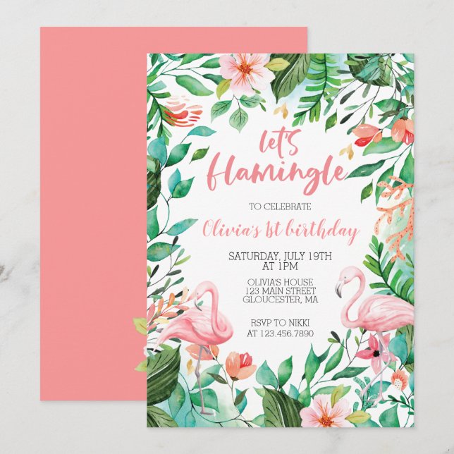 Flamingle Tropical First födelseflamingo Inbjudningar (Fram/baksida)