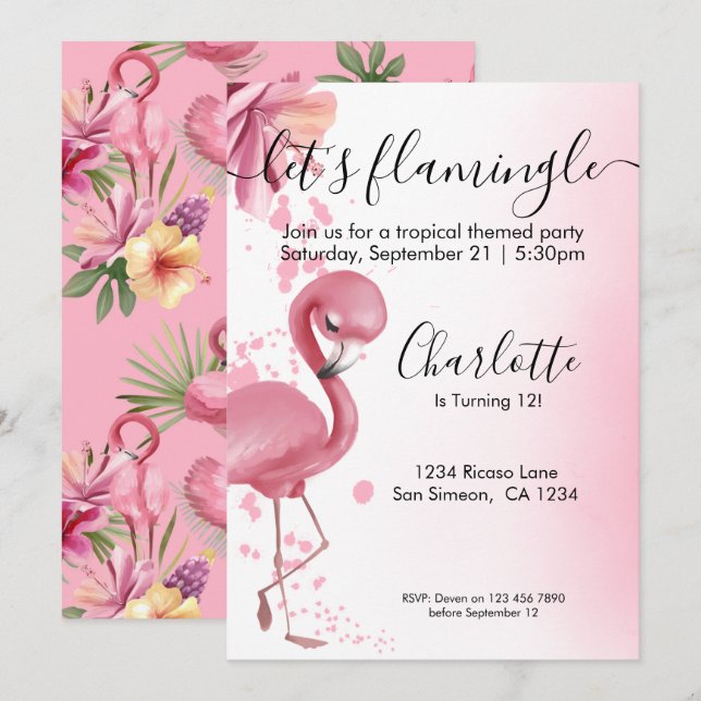 Flamingle Tropical Rosa Flamingo Birthday Inbjudningar (Fram/baksida)