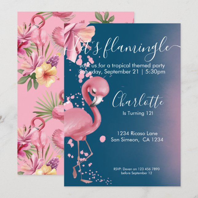 Flamingle Tropical Rosa Flamingo Birthday Inbjudningar (Fram/baksida)