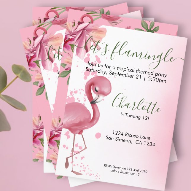 Flamingle Tropical Rosa Flamingo Birthday Inbjudningar (Skapare uppladdad)