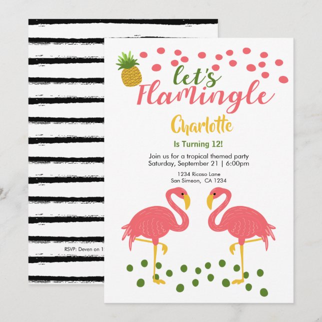 Flamingle Tropical Rosa Flamingo Birthday Inbjudningar (Fram/baksida)