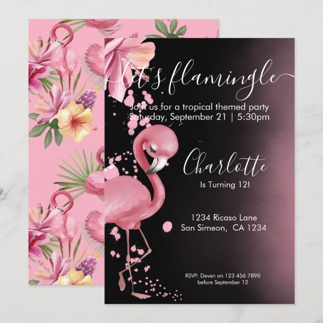 Flamingle Tropical Rosa Flamingo Birthday Inbjudningar (Fram/baksida)