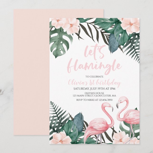 Flamingle Tropisk födelsedagsflamingo Inbjudningar (Fram/baksida)