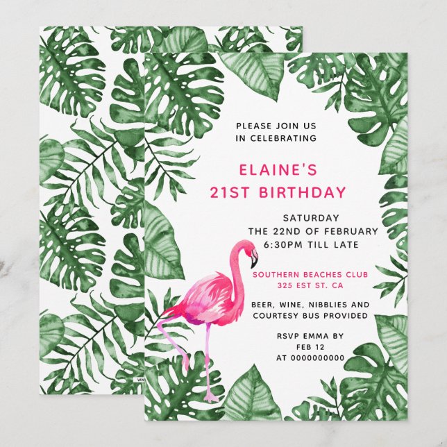 Flamingo 21:a födelsedagsinbjudan inbjudningar (Fram/baksida)