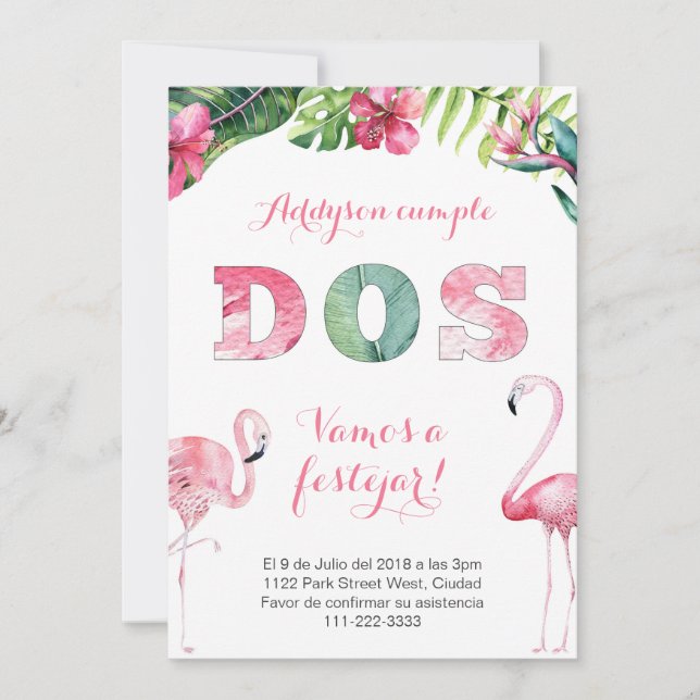 Flamingo 2:a födelsedag inbjudningskort på spanska (Framsida)